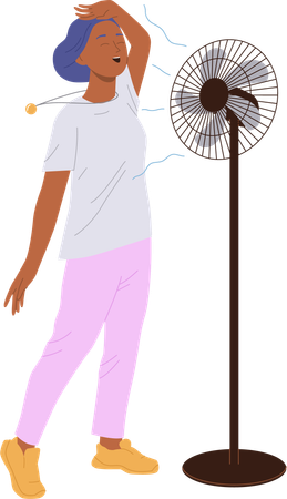 Cheerful young woman cooling off with electric ventilator blower on stand  Illustration