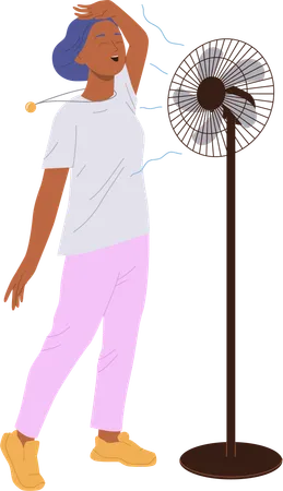 Cheerful young woman cooling off with electric ventilator blower on stand  Illustration