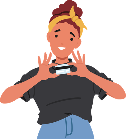 Cheerful Young Woman Holding Credit Card With Both Hands  Illustration