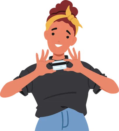 Cheerful Young Woman Holding Credit Card With Both Hands  Illustration