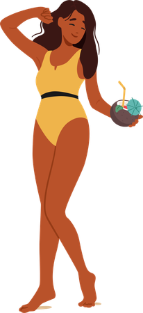 Cheerful Young Woman In Yellow Swimsuit Holding Cocktail and Enjoying Beach Party  Illustration