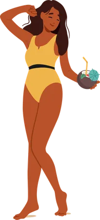 Cheerful Young Woman In Yellow Swimsuit Holding Cocktail and Enjoying Beach Party  Illustration