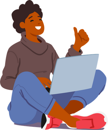 Cheerful Young Woman Sit With Laptop Showing Thumb Up  Illustration