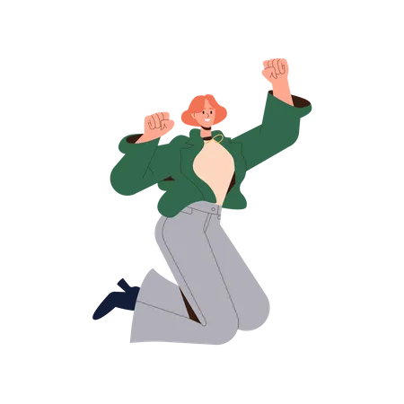 Cheering Happy Woman Jumping With Clenched Fist Up Over Head Making Winner Gesture Of Raising Hands Young Joyful Girl Celebrating Success Vector Illustration People Feeling And Emotion Concept Illustration