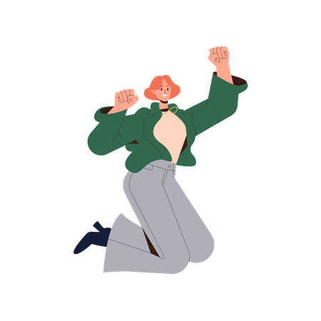 Cheering Woman Jumping With Clenched Fist Of Raising Hands  Illustration