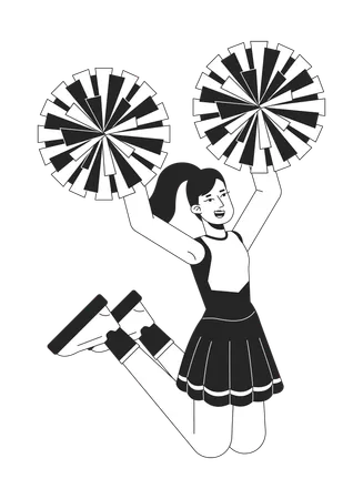 Cheerleader Girl Jumping Flat Line Black White Vector Character Editable Outline Full Body Schoolgirl In Uniform With Cheerleading Poms On White Simple Cartoon Spot Illustration For Web Graphic Design Illustration
