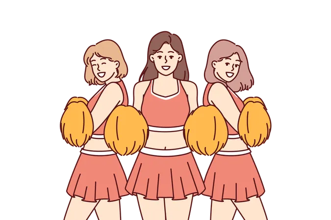 Cheerleader Girls Supporting Sportsmen During Match Or Tournament And Entertaining Fans In Stadium Beautiful Teenage Girls In College Cheerleader Clothes For Football Or Basketball Tournament イラスト