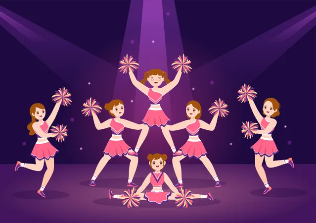 Cheerleader Girls with pompoms doing dance at night  Illustration