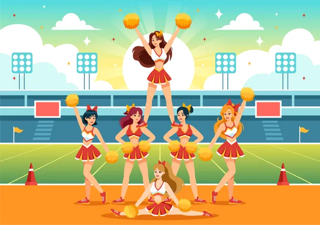 Cheerleader Girl Vector Illustration With Cheerleading Pom Poms Of Dancing And Jumping To Support Team Sport During Competition On Flat Background Illustration