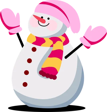 A Delightful Snowman Wearing A Pink And Yellow Scarf Waves Joyously Embodying The Festive Spirit Of Winter His Smile And Rosy Cheeks Invite All To Share In The Winter Cheer Illustration