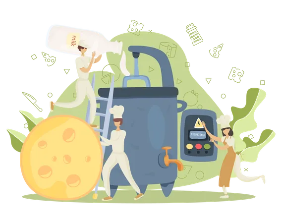Cheese Maker Concept Professional Chef Making Block Of Cheese Cooker In Professional Uniform Holding A Cheese Slice Cheese Production Isolated Vector Illustration イラスト