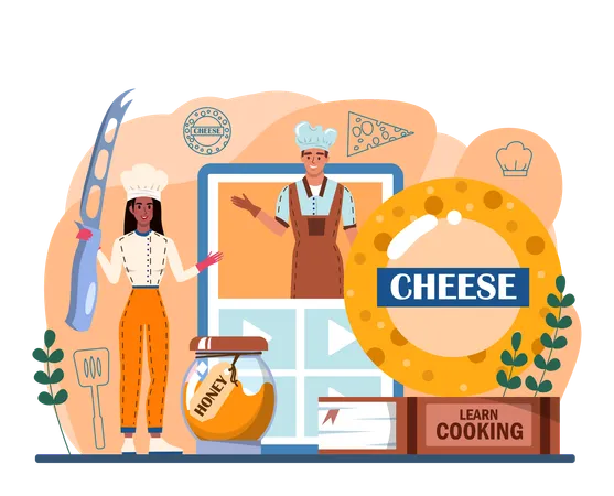 Cheese Maker Online Service Or Platform Professional Chef Making Block Of Cheese Cheese Production Technology Online Course Vector Flat Illustration Illustration