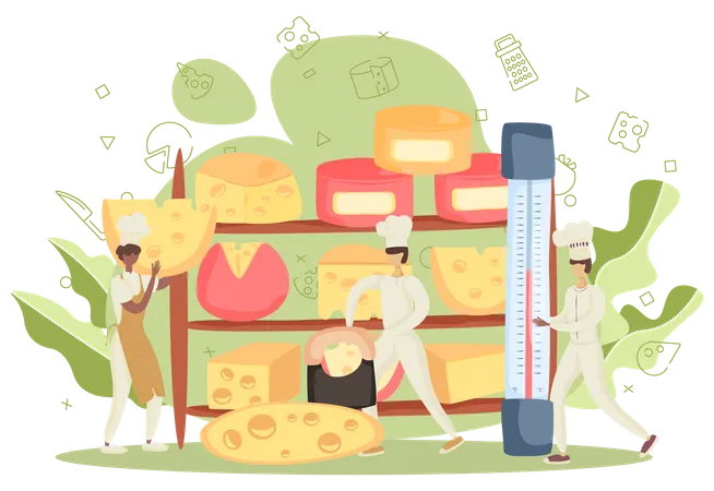 Cheese Maker Concept Professional Chef Making Block Of Cheese Cooker In Professional Uniform Holding A Cheese Slice Cheese Production Isolated Vector Illustration イラスト