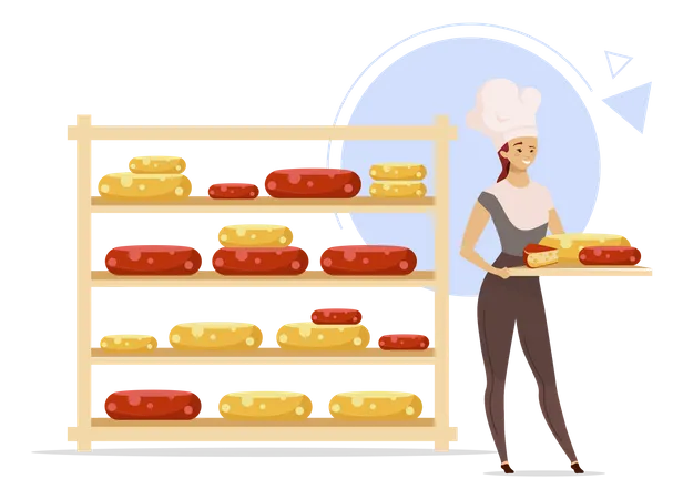 Cheese Production Flat Color Vector Illustration Cheesemaking Female Cheesemaker Next To Shelf With Cheese Woman With Tray Dairy Product Isolated Cartoon Character On White Background Illustration
