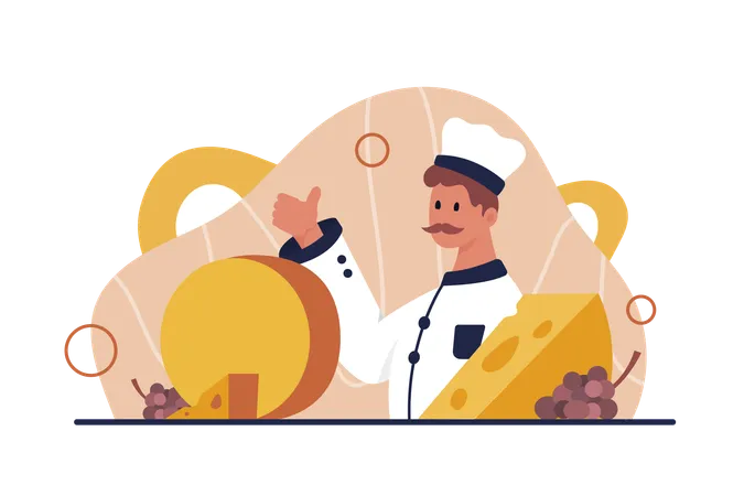 Cheese Production Inspection Of Food By Restaurant Chef Man With Mustache Hat And Uniform Showing Thumbs Up To Gourmet Dairy Product Certification Safety And Taste Cartoon Vector Illustration Illustration