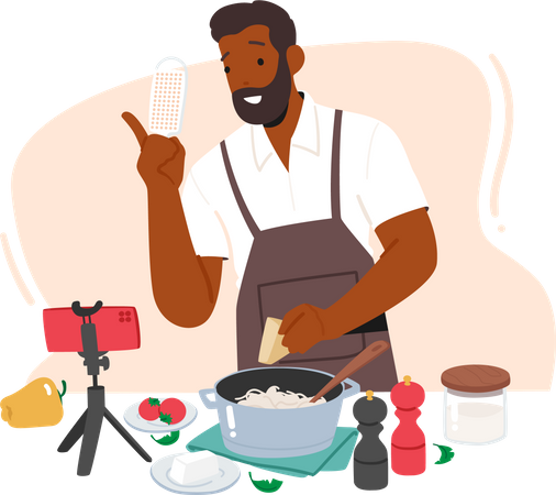 Un chef africain diffuse une vidéo de cuisine en direct  Illustration