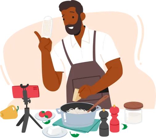 Un chef africain diffuse une vidéo de cuisine en direct  Illustration