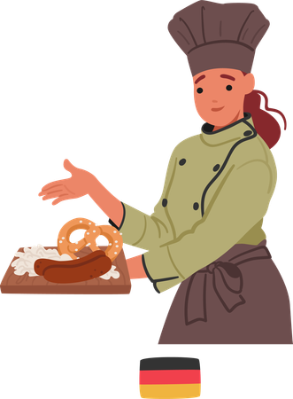 Personagem feminina de chef alemã apresenta orgulhosamente uma travessa com salsichas e pretzels recém-assados  Ilustração