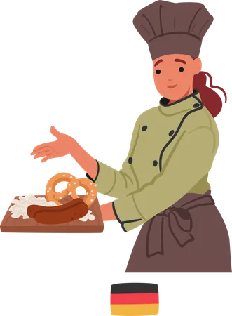 Personagem feminina de chef alemã apresenta orgulhosamente uma travessa com salsichas e pretzels recém-assados  Ilustração