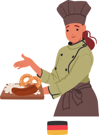 El personaje femenino del chef alemán presenta con orgullo un plato con salchichas y pretzels recién horneados  Ilustración