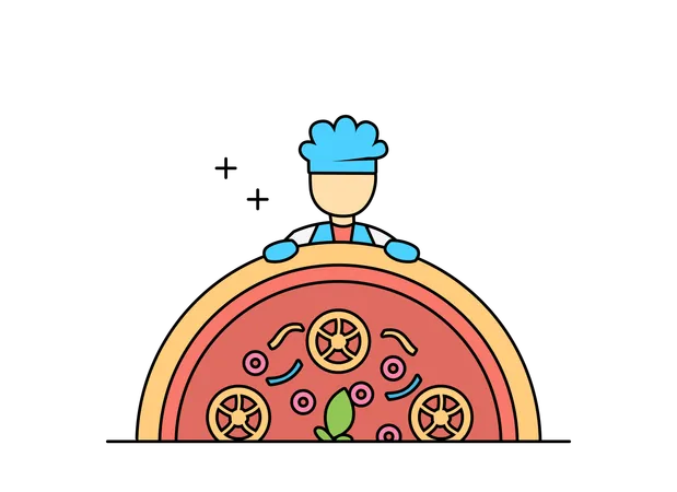 This Is An Illustration Flat Design Outline Style Of Chef With Burger And Pizza Illustration