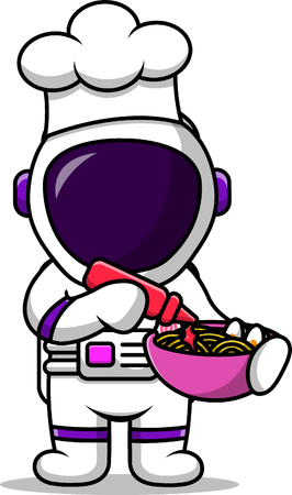 Chef Astronaut Holding Ramen With Sauce Bottle  Illustration