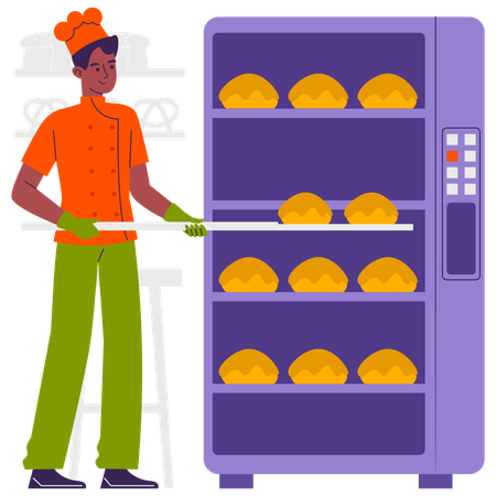 Chef bakes bread in Big Oven  Illustration