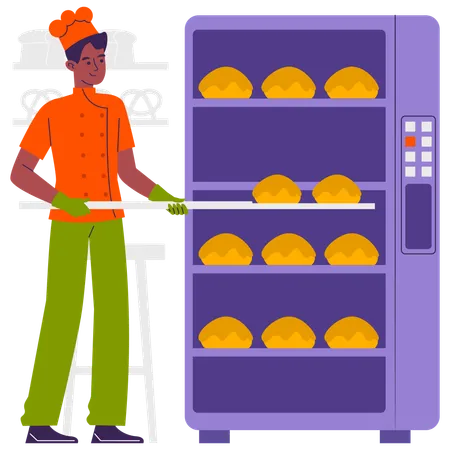 Chef bakes bread in Big Oven  Illustration