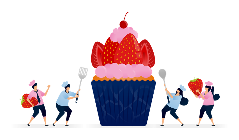 Chef baking cupcakes with strawberry icing topping and large red strawberry slices  Illustration