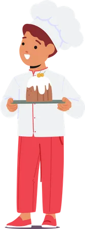 Young Aspiring Chef Boy Character Proudly Displays His Freshly Baked Cake On A Tray Radiating Joy And Accomplishment In His Adorable Culinary Adventure Cartoon People Vector Illustration Illustration