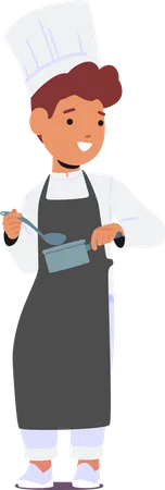 Young Aspiring Chef Boy Character In Apron And Toque Joyfully Exploring The Culinary World Mixing Ingredients To Create Delightful Dishes In A Kitchen Wonderland Cartoon People Vector Illustration Illustration