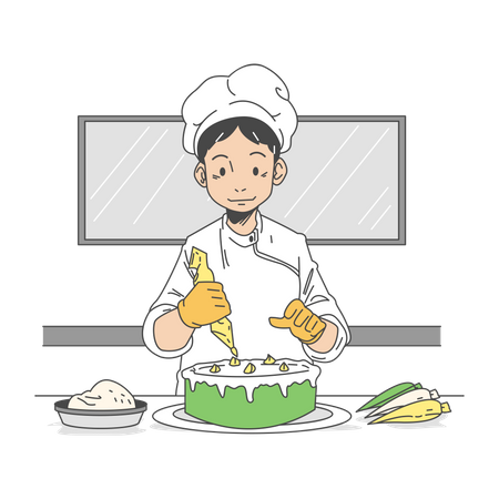 Chef poniendo capas del pastel  Ilustración