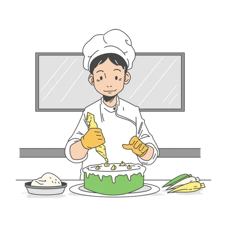 Chef poniendo capas del pastel  Ilustración