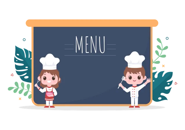 Professional Kids Chef Cartoon Character Cooking Illustration With Menu Different Trays And Food To Serve Delicious Food Suitable For Poster Or Background Illustration