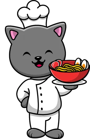 Chef Cat Holding Ramen  イラスト