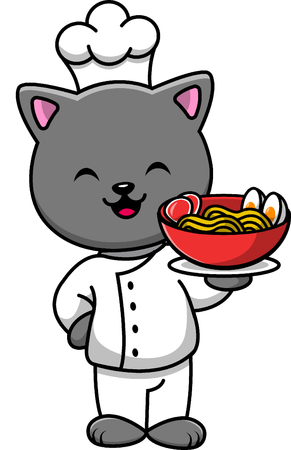 Chef Cat Holding Ramen  Illustration