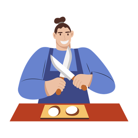 Chef chopping food with sharp knives  Illustration