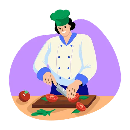 Chef Chopping tomato on chopping board  Illustration