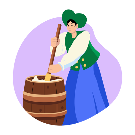 木の樽でバターを混ぜるシェフ  イラスト