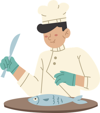 Chef cleaning fish  Illustration