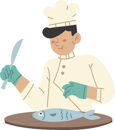 Chef cleaning fish  Illustration