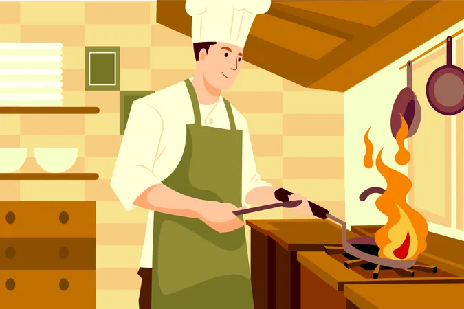 Chef masculino cocinando en la cocina  Ilustración