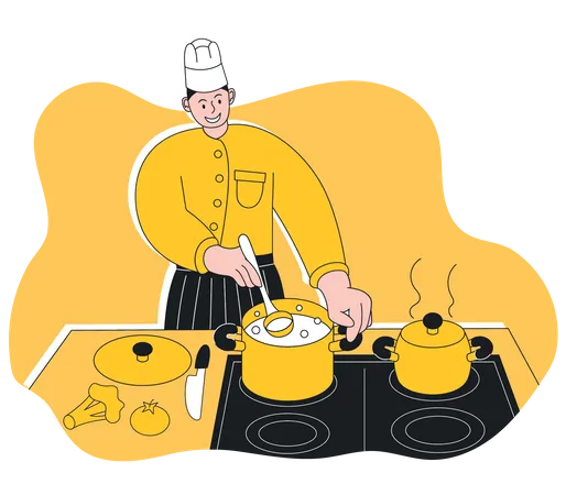 Chef masculino cocinando comida en la cocina  Ilustración
