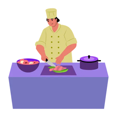 Chef cocinando comida en un restaurante  Ilustración