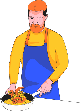 Chef masculino cocinando comida en una sartén  Ilustración