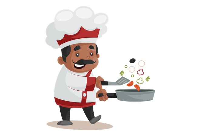 Chef cocinando en sartén  Ilustración