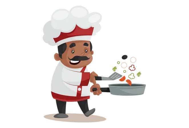 Chef cocinando en sartén  Ilustración