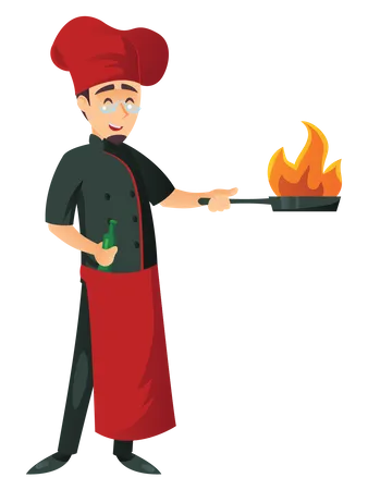 Chef masculino cocinando en sartén  Ilustración