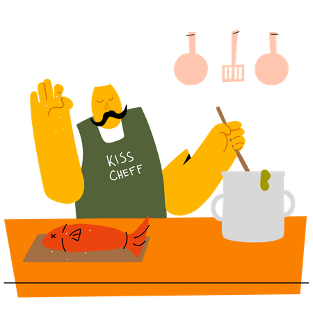 Chef cocinando pescado  Ilustración