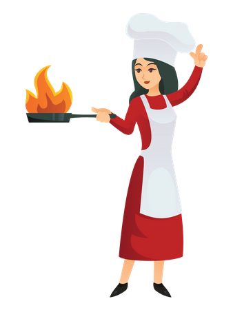 Chef femenina cocinando en sartén  Ilustración